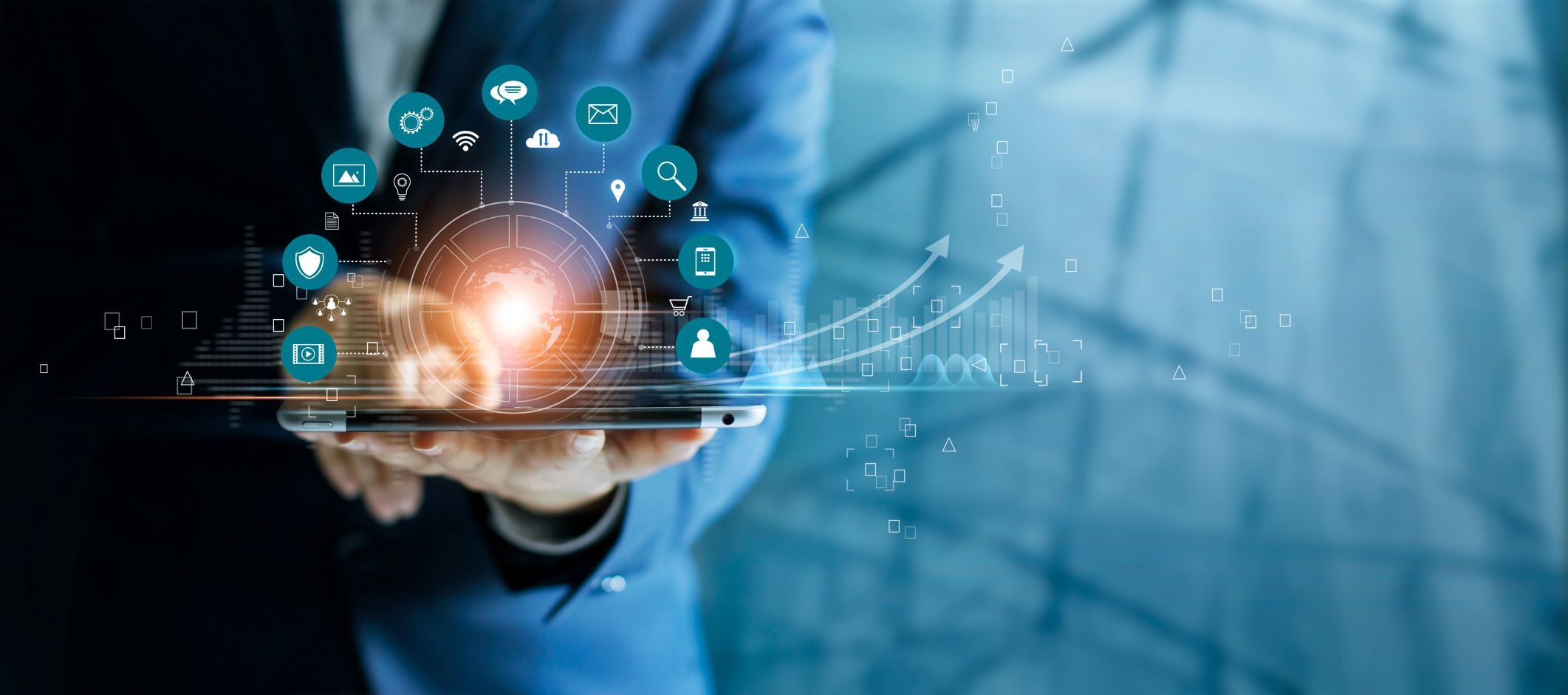 Man holding tablet with digitial marketing icons